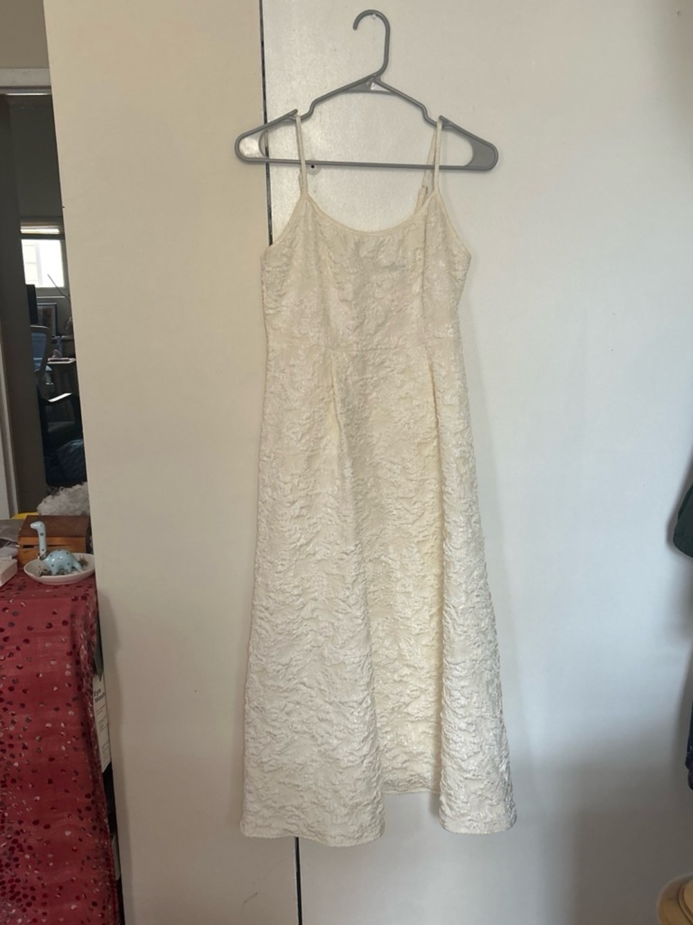 Cream Lace Midi Slip Dress with Spaghetti Straps
